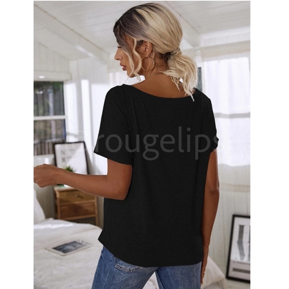 Boat Neck Batwing Sleeve Black Tee Shirt Short Sleeve - Picture 4 of 9